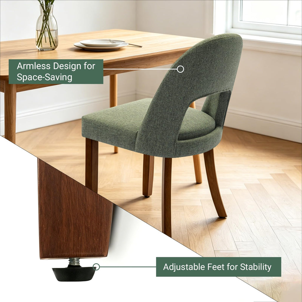 Wooden Dining Chairs Set of 6, Upholstered Kitchen Chairs with Walnut Wood Legs and Curved Linen Fabric Backrest