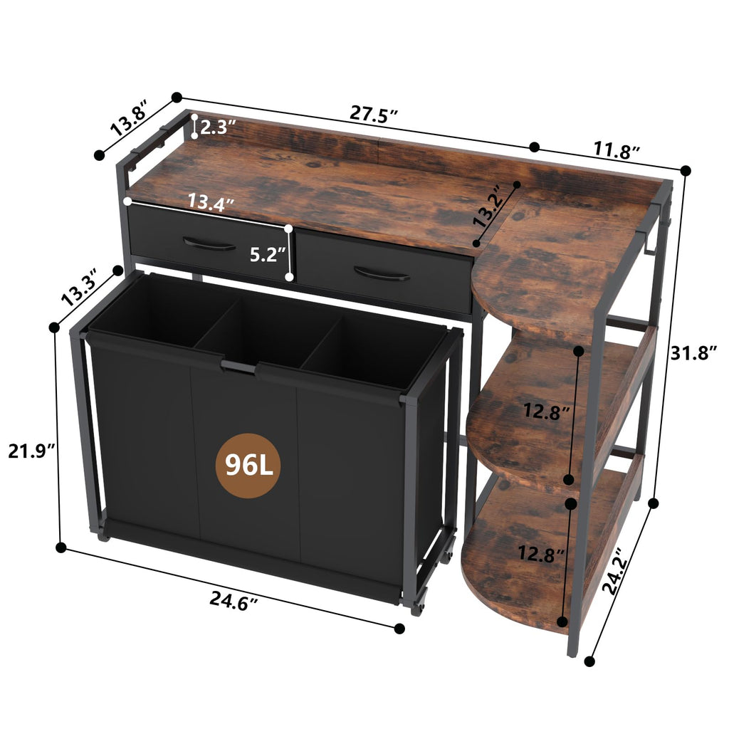 L Shaped Laundry Hamper Laundry Basket with 3 Section Pull-Out Rolling Bags & 3-Tier Storage Shelf, Laundry Sorter