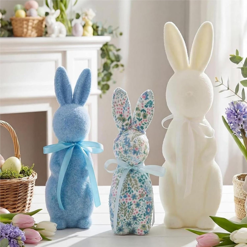 Flocked Bunny Easter Decorations 9/10/13 Inch Flocked Bunny Figurines with Bow Tie Spring Easter Tabletop - Set of 3
