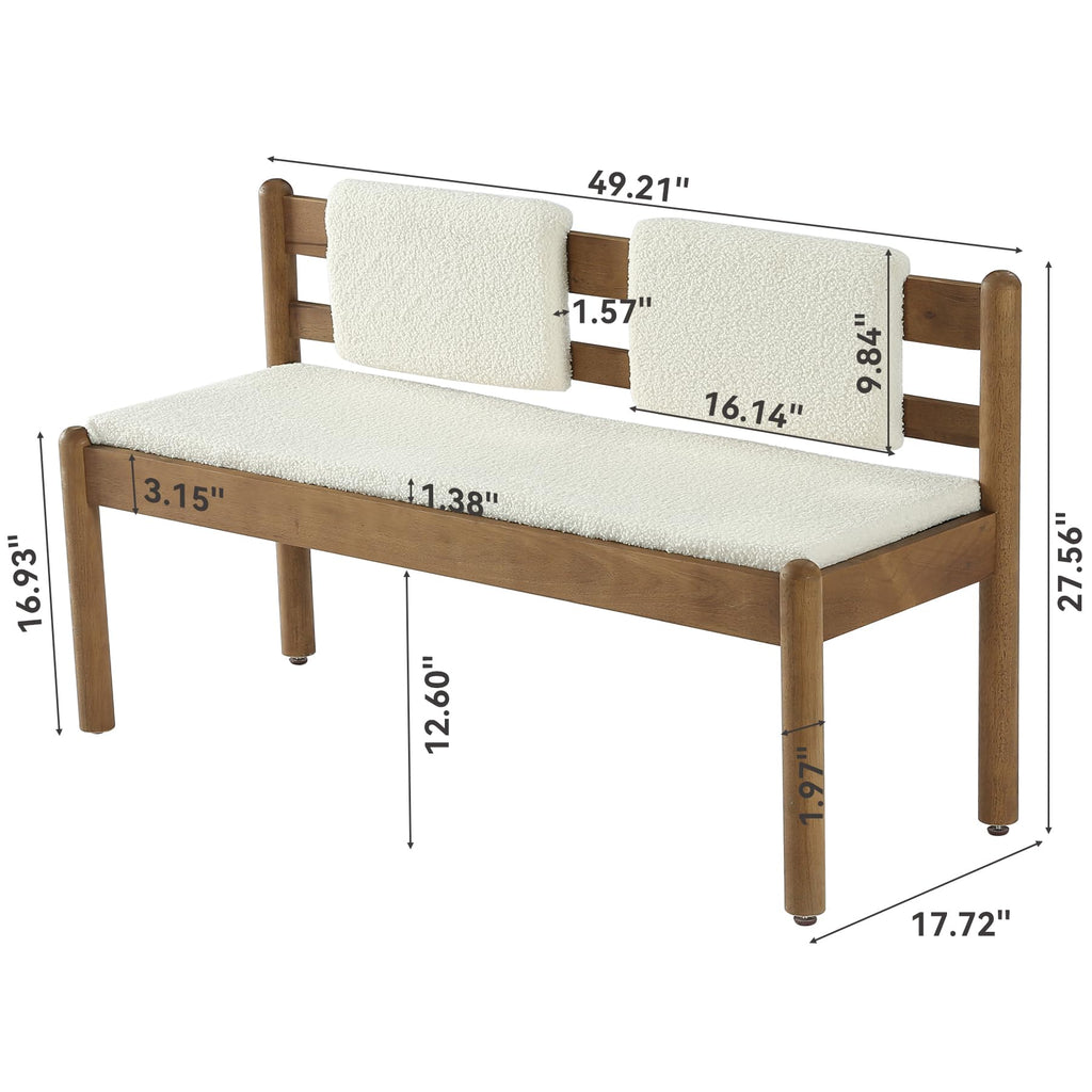 Solid Wood Entryway Bench, 49" Dining Bench with Back, Wood Settee Bench with Upholstered Seat, Farmhouse Bedroom