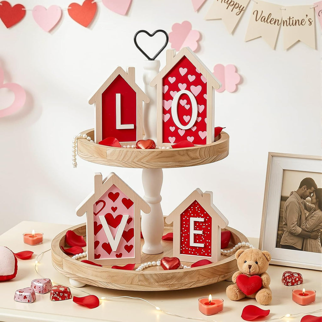 Valentines Day Decorations - 4 Pack 3D Design Wooden House Shape Sign, Valentines Day Table Decor, Valentine's Day - Set of 4