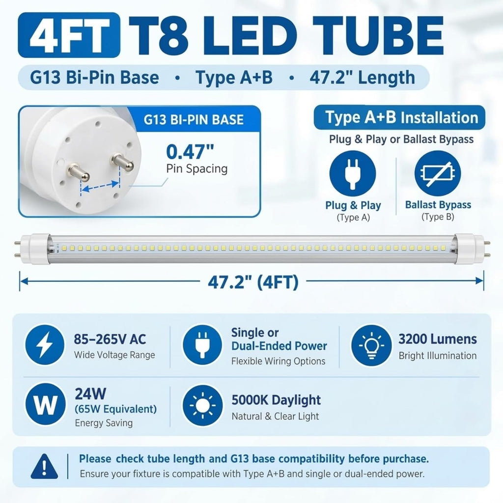 T8 LED Bulbs 4 Foot, Type A+B 4FT LED Tube 24W, 3200LM