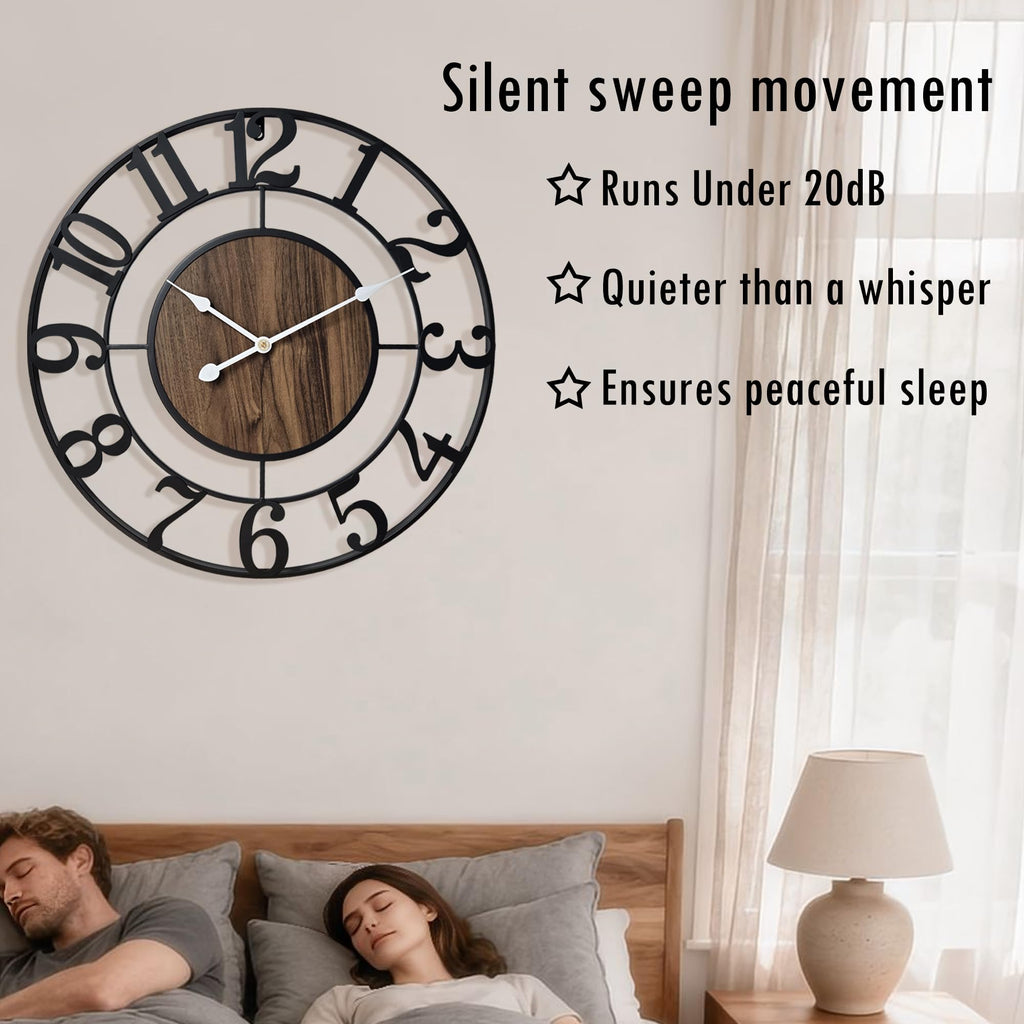 Large Metal Wall Clock, 24 Inch Retro Decorative Silent, Non Ticking, Battery Operated Modern Big Wood Wall Clock