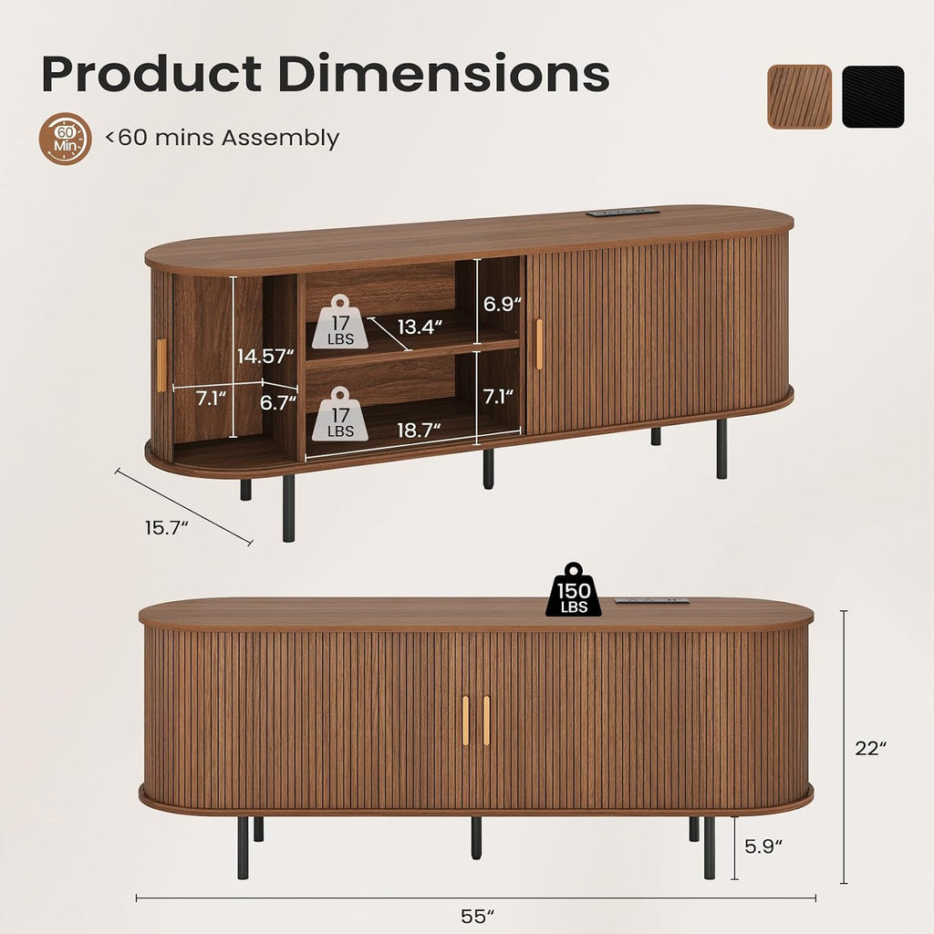 55" Mid-Century Modern TV Stand with Power Outlet, Entertainment Center for TVs up to 60", TV Stand Cabinet with