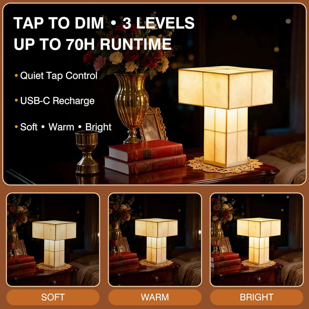 Cordless Small Table Lamp, USB-C Rechargeable Touch Dimmable Bedside Lamp with Handcrafted Fiber Shade