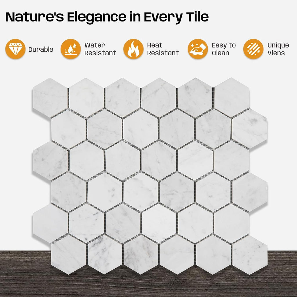 Carrara White Marble Mosaic Tile Bathroom Wall 2" Hexagon 5 Pcs | Water & Heat Resistant Polished Marble Backsplash