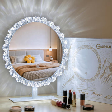 Round Vanity Mirror with Lights, 16" Crystal Frame, Touch Control