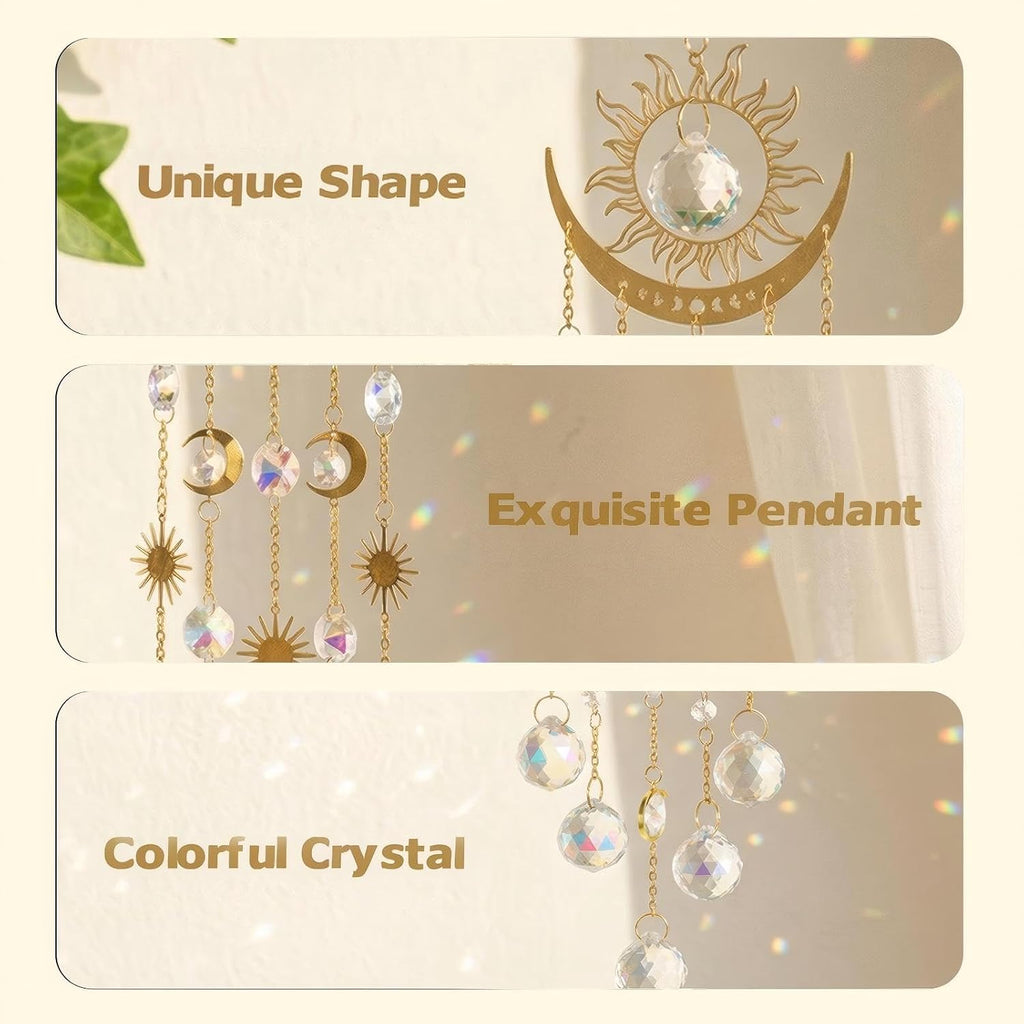 Sun and Moon Crystal Prism Suncatcher for Window Hanging - Sun Catchers Indoor Hanging Ornaments with Sun Moon Star
