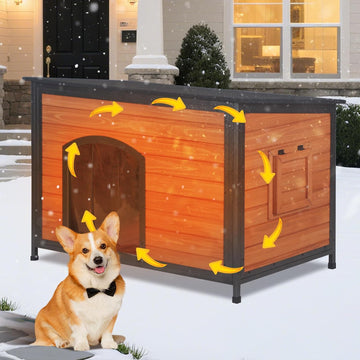 Insulated Outdoor Wooden Dog House, Weatherproof Chew Resistant Metal Frame