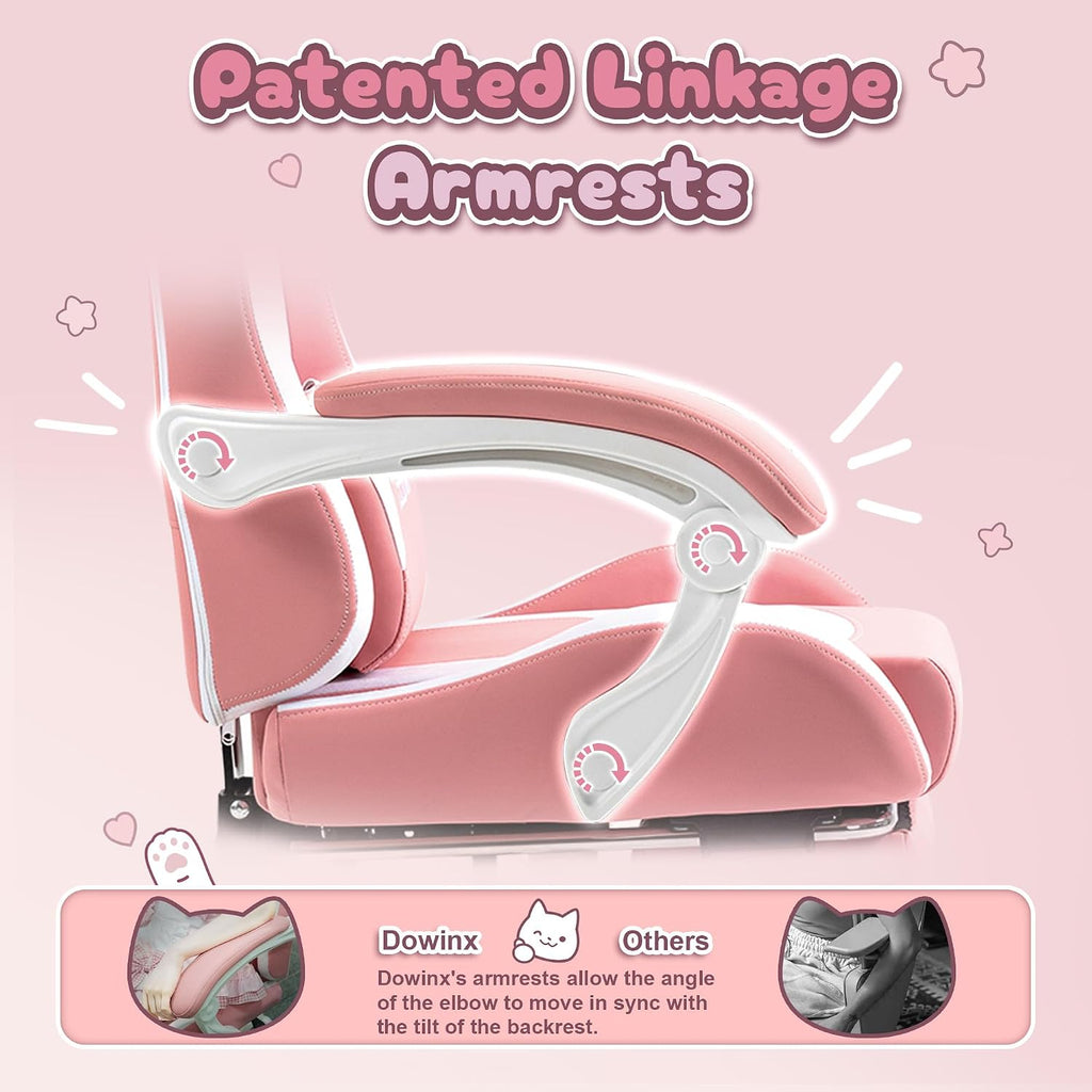 Pink Gaming Chair with Cat Ears and Massage Lumbar Support, Ergonomic Computer Chair with Footrest and Headrest