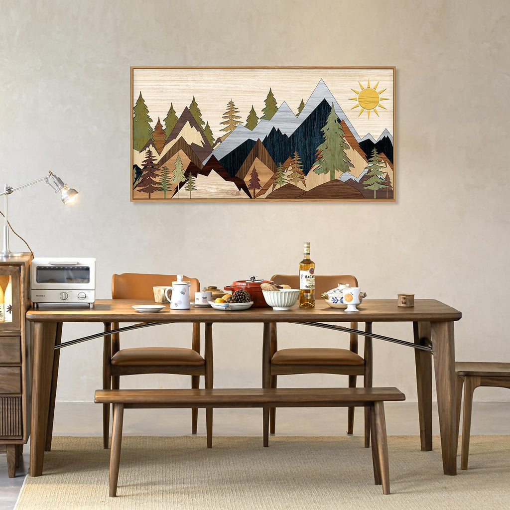 Mountain Pine Tree Framed Canvas Wall Art Set, Nature Wilderness Illustration Wall Decor, Woodcut Forest Wall