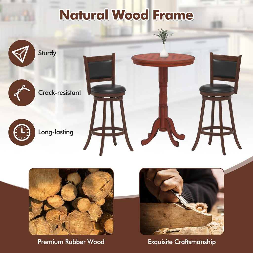 3 Piece Bar Table and Chairs Set, Round Counter Height Dining Table with Chessboard, 2 Upholstered Swivel Bar Stools