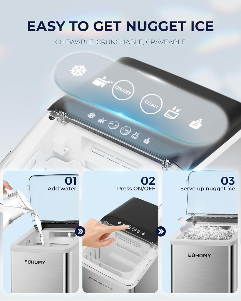 Nugget Ice Maker Countertop, Max 40lbs/Day, Auto-Cleaning, 2Qt Reservoir, Compact Sonic Ice Maker with 2.5lbs Basket