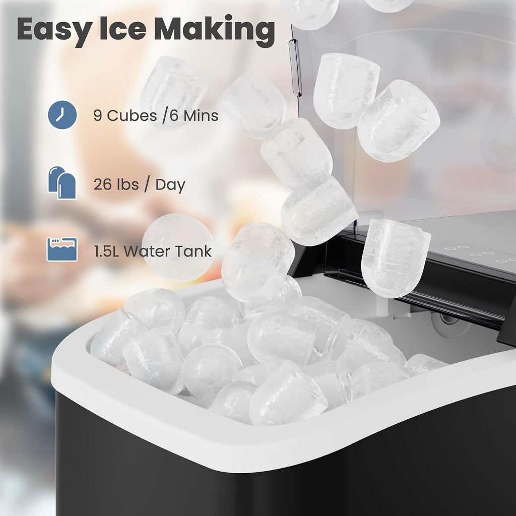 Ice Makers Countertop with Handle Ice Machine, Fast in 6 Mins, 26lbs in 24 Hours, Quiet Self-Cleaning, Compact Size