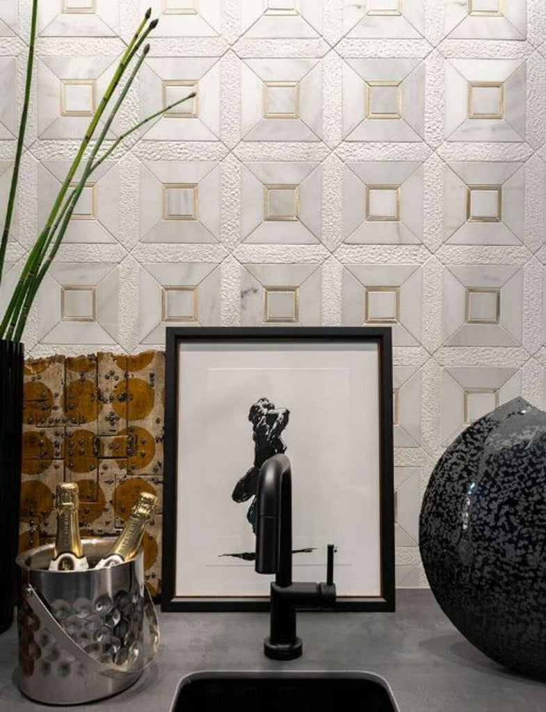 Veneto White with Yellow Gold Marble Stone Multi Surface and Metal Wall Mosaic Tile Walls, Kitchen Backsplashes