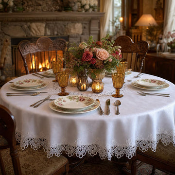 Round Tablecloth Lace Rustic Macrame Embroidered Table Cloths for Harvest Dresser Decor Farmhouse Kitchen Home (White