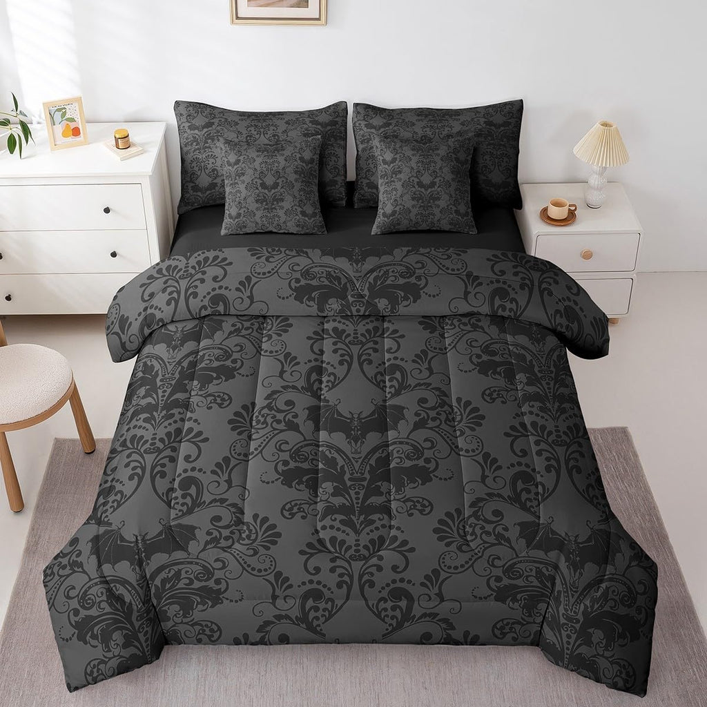 Gothic Damask Comforter Set 7 Piece Bed in a Bag Twin, Halloween Bat Bedding Sets Black Grey Victorian Floral Goth