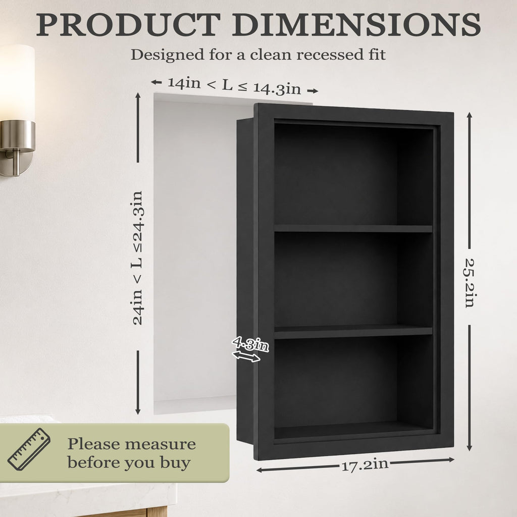 14" x 24" Recessed Medicine Cabinet with 3-Tiers Shelves, Solid Wood, Black