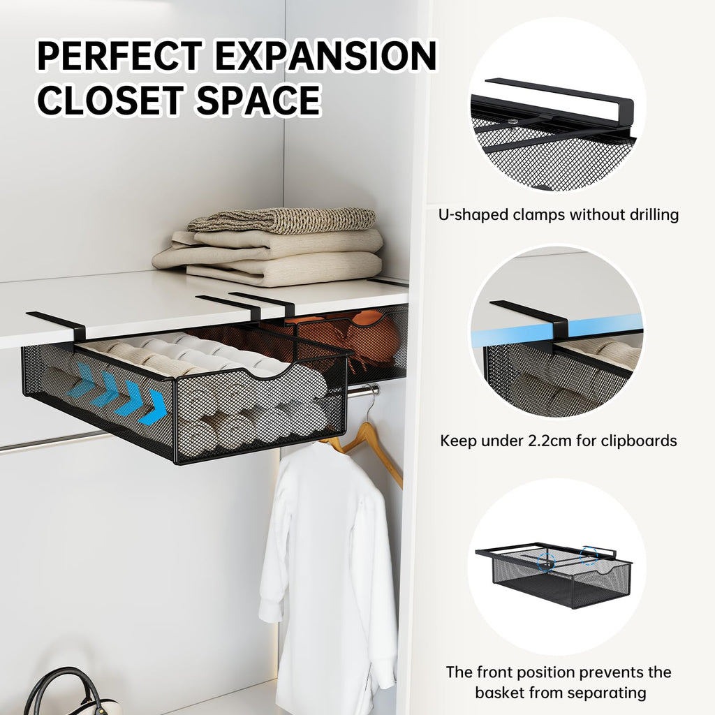 2 Pack Underwear Sock Drawer Organizer Set, Pull-Out Storage Baskets for Bra & Clothing, Closet & Dorm Room