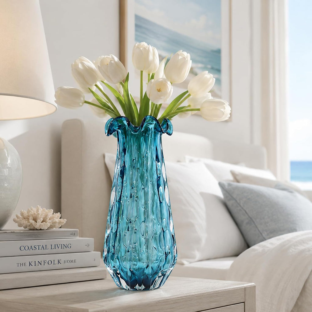 16.7" H Turquoise Glass Vase, Hand Blown Wide Mouth Teal Blue Glass, Murano Style Modern Art, Art Deco Contemporary