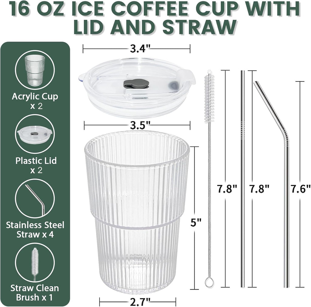 Iced Coffee Cups With Lids and Straws 2 Pcs, 16 OZ Unbreakable Cup Drinking Set,Clear Plastic Cups Reusable Iced