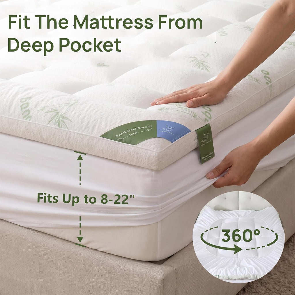 Queen Mattress Topper, 1200 GSM Viscose Derived from Bamboo Pillow-Top | Extra thick 1200 GSM, cooling bamboo viscose
