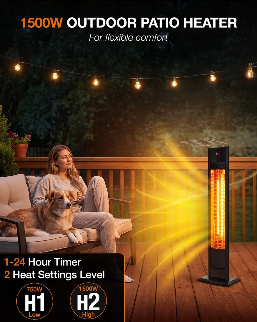 Electric Patio Heater 38.5in, 1500W Infrared Indoor & Outdoor, Portable Standing Space Heater with IPX4 Waterproof
