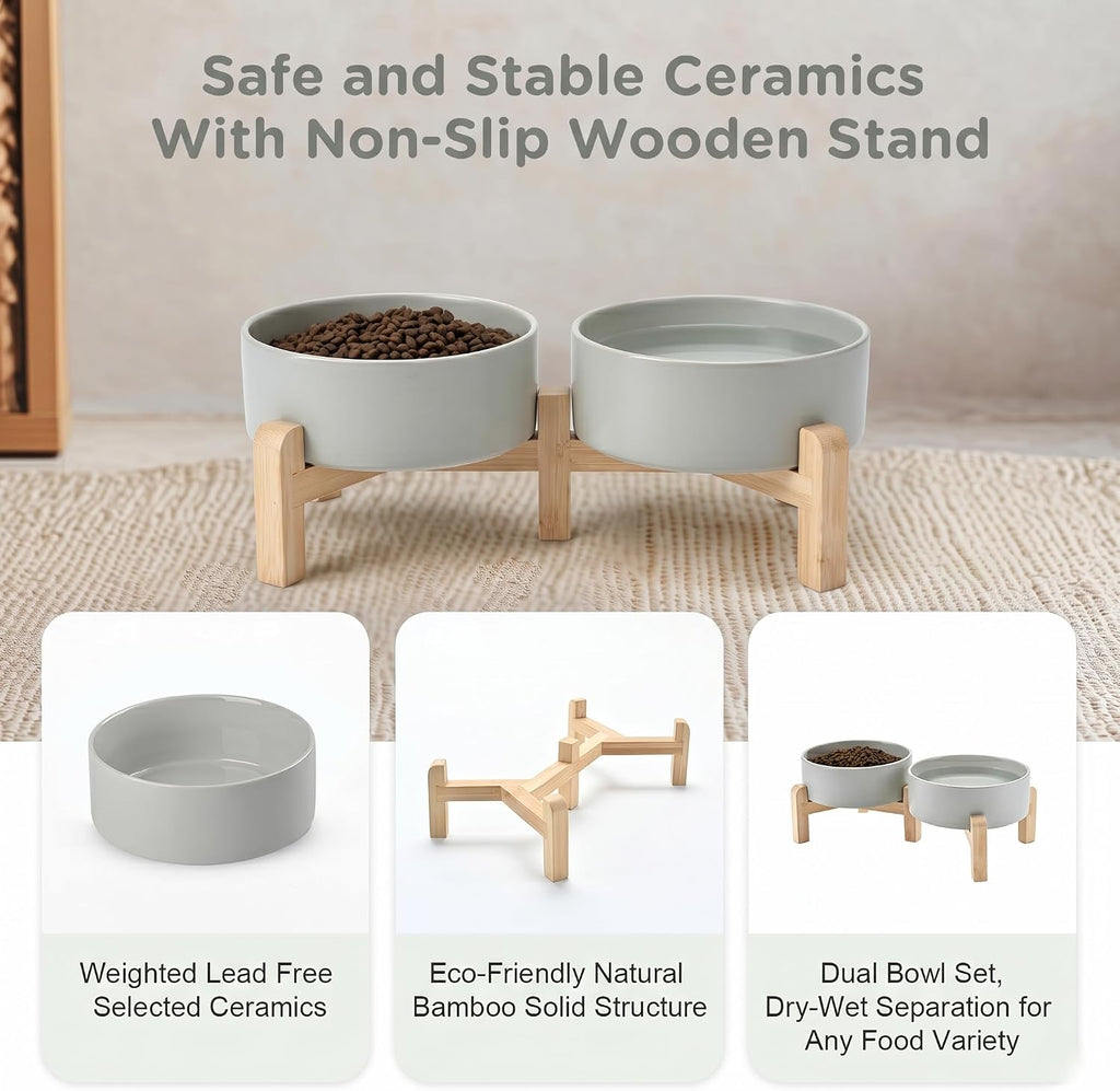 Elevated Dog Bowls Ceramic, 5.1'' Dogs and Cat Food Water Bowls Raised with Non-Slip Bamboo Stand for Puppy Small
