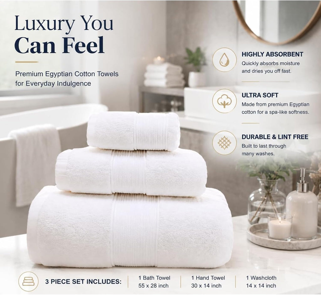 Onuia Luxury Bath Towels, 3-Piece 800 GSM Egyptian Cotton Towel Set with Bath Towel, Hand Towel & Washcloth, Ultra
