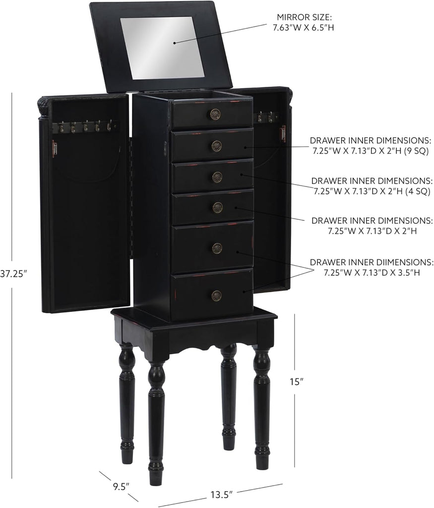 Ebony Jewelry Armoire, Distressed Ebony Black; Black Lining
