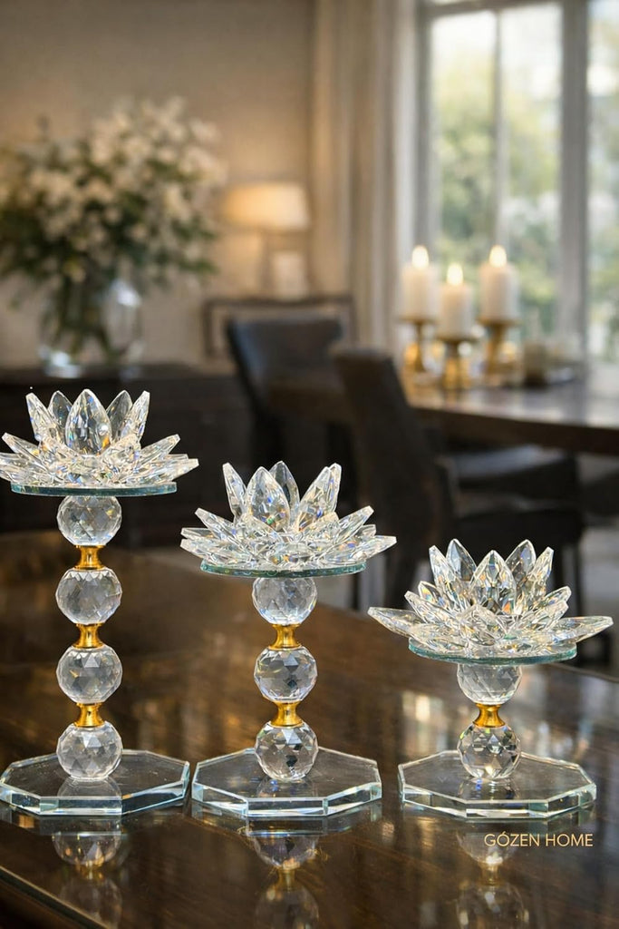 Quality Crystal Lotus Flower Candle Holder Set Gold Accents 3 Piece Glass - Gold
