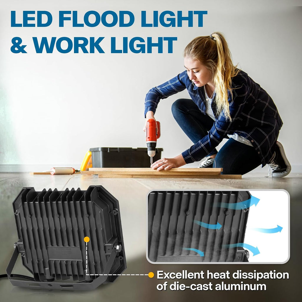 4 Pack LED Flood Lights Outdoor, 100W 10000LM Super Bright Floodlight Outside Work Light with 5.9FT Plug, IP65