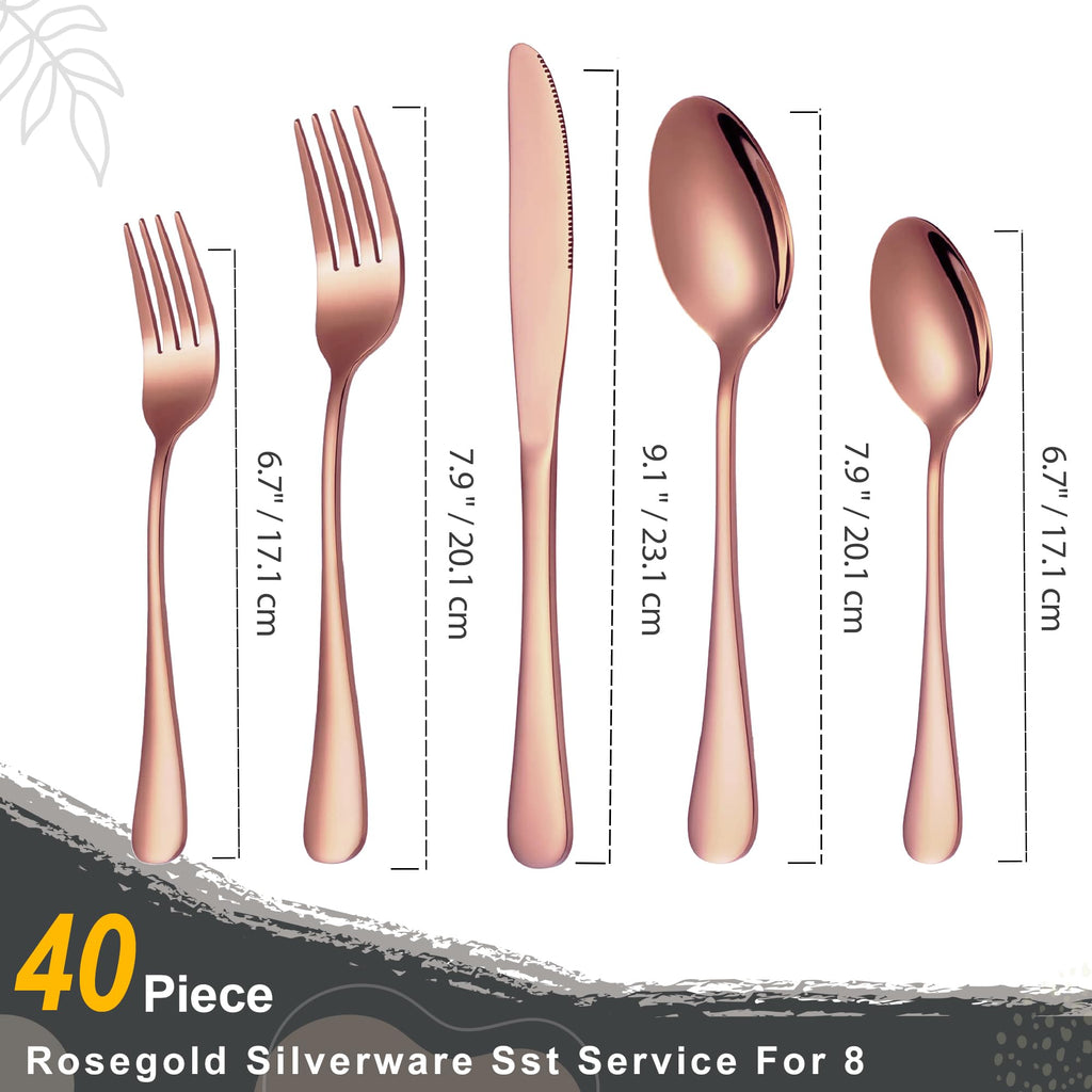 40-Piece Rose Gold Flatware Set, Stainless Steel Cutlery Set for 8
