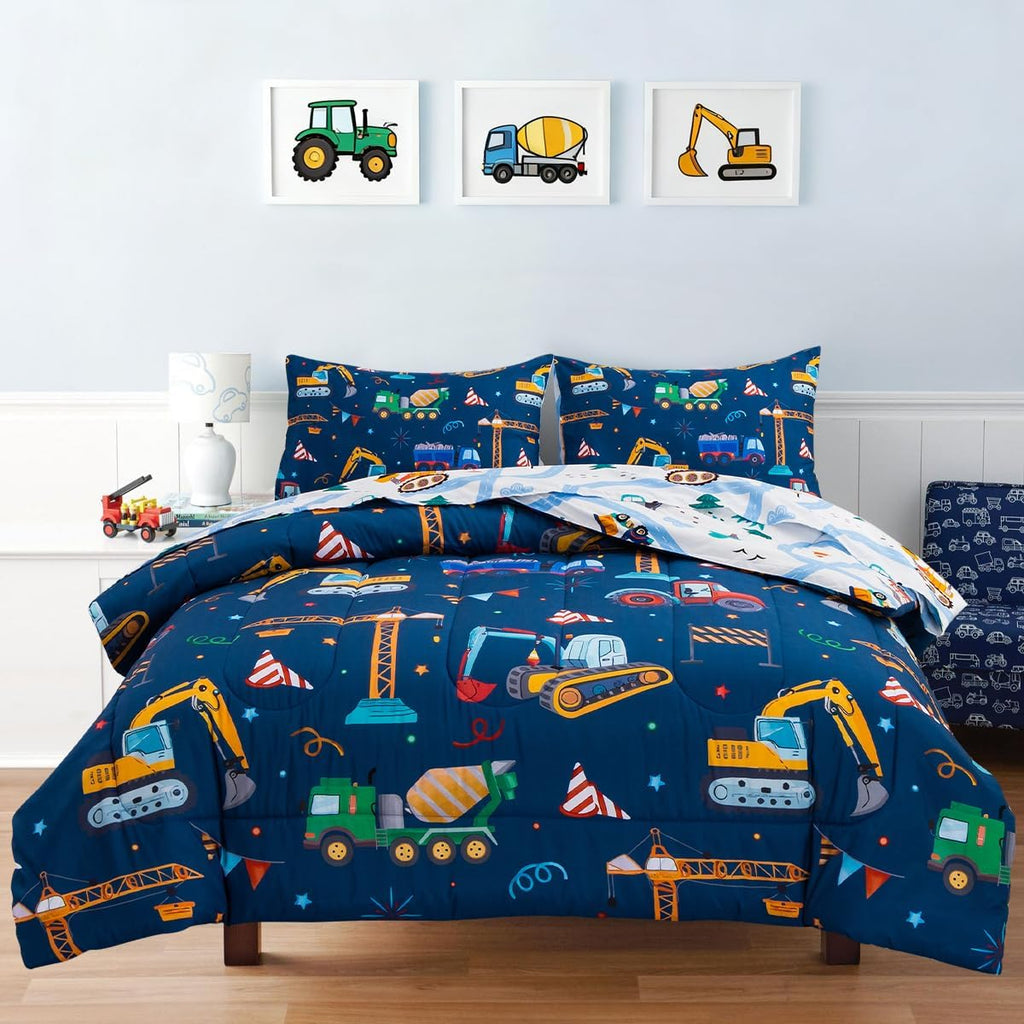 Cars Boy Bedding Comforter Set with Sheets, Twin Cartoon Construction Car Excavator Print Kids Bed in