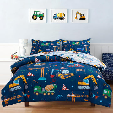 Cars Boy Bedding Comforter Set with Sheets, Twin Cartoon Construction Car Excavator Print Kids Bed in