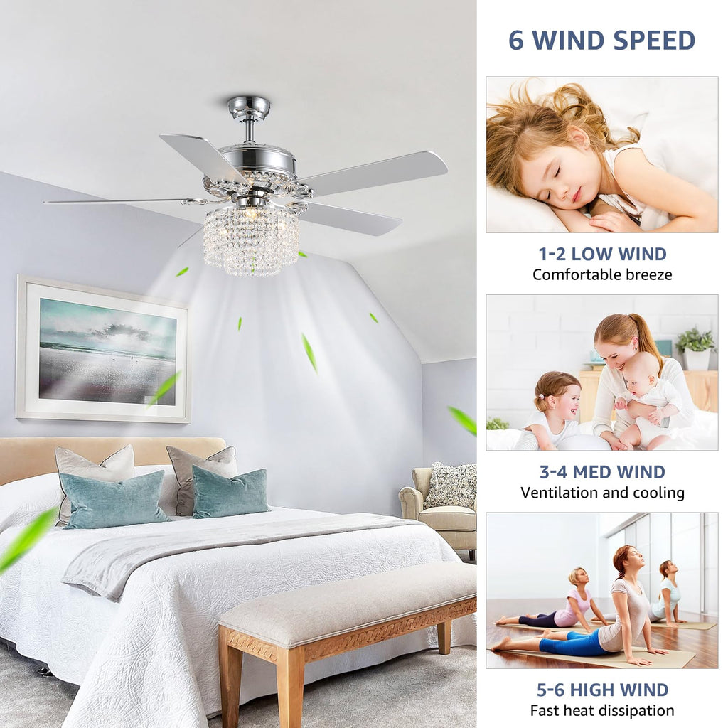 52 Inch Crystal Ceiling Fan with Light and Remote Control