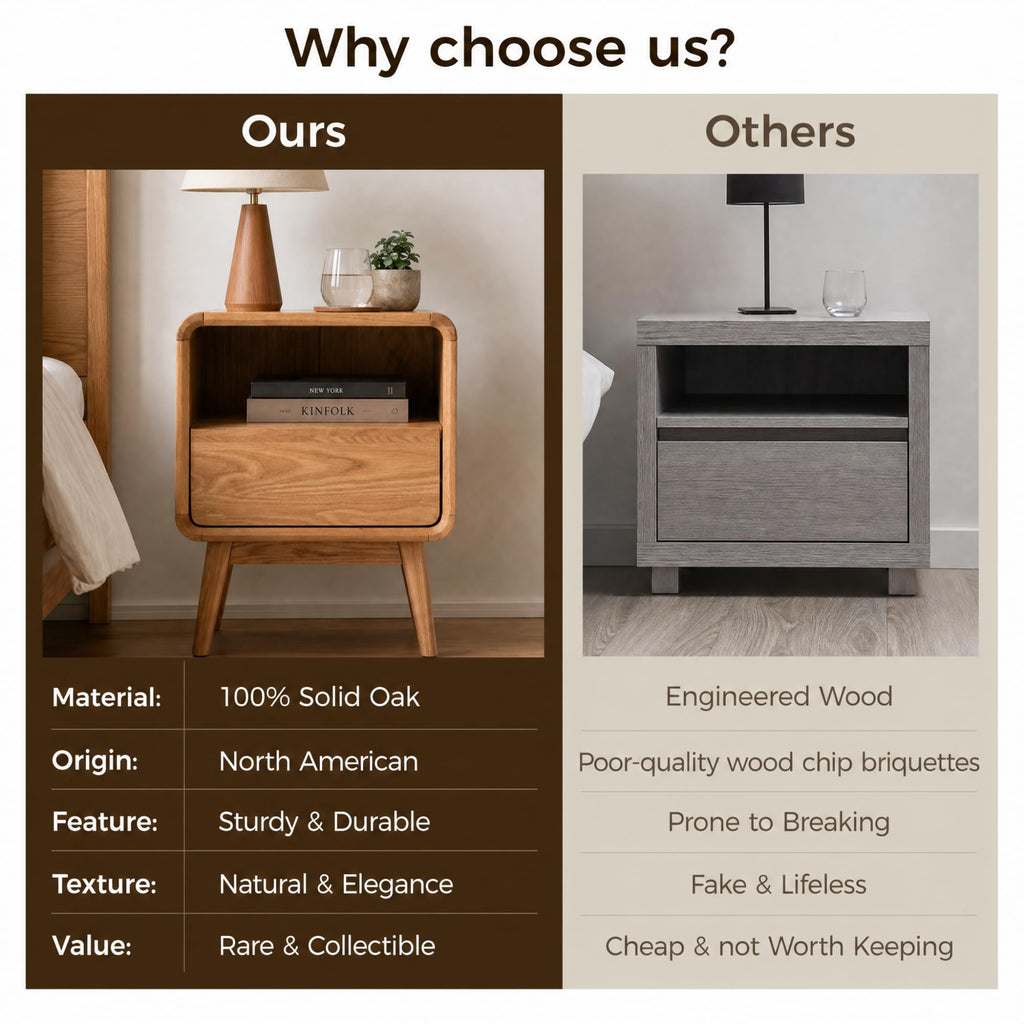 Solid Oak Wood Nightstand with Drawer & Open Shelf, Small