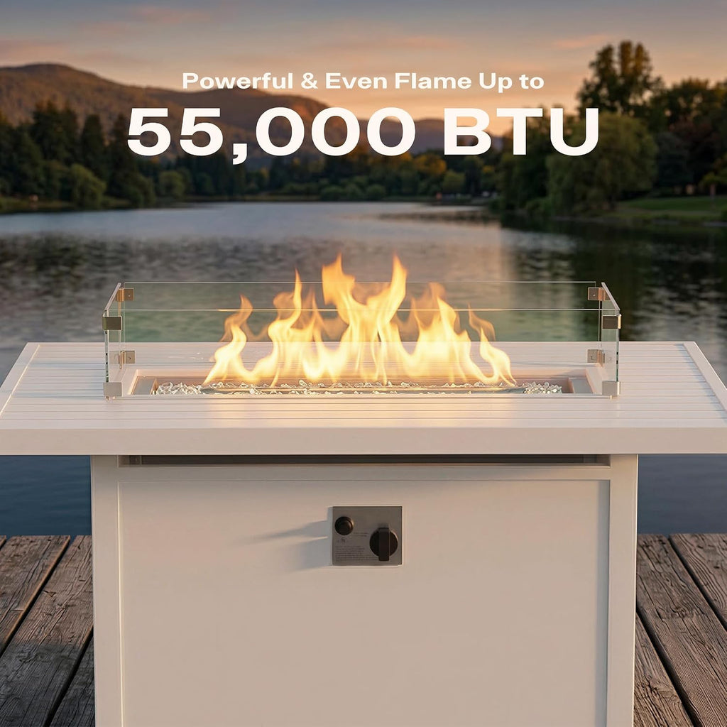43" Aluminum Propane Fire Pit Table with 55,000 BTU, Rectangle Outdoor Gas Fire Table with Glass Wind Guard, Glass