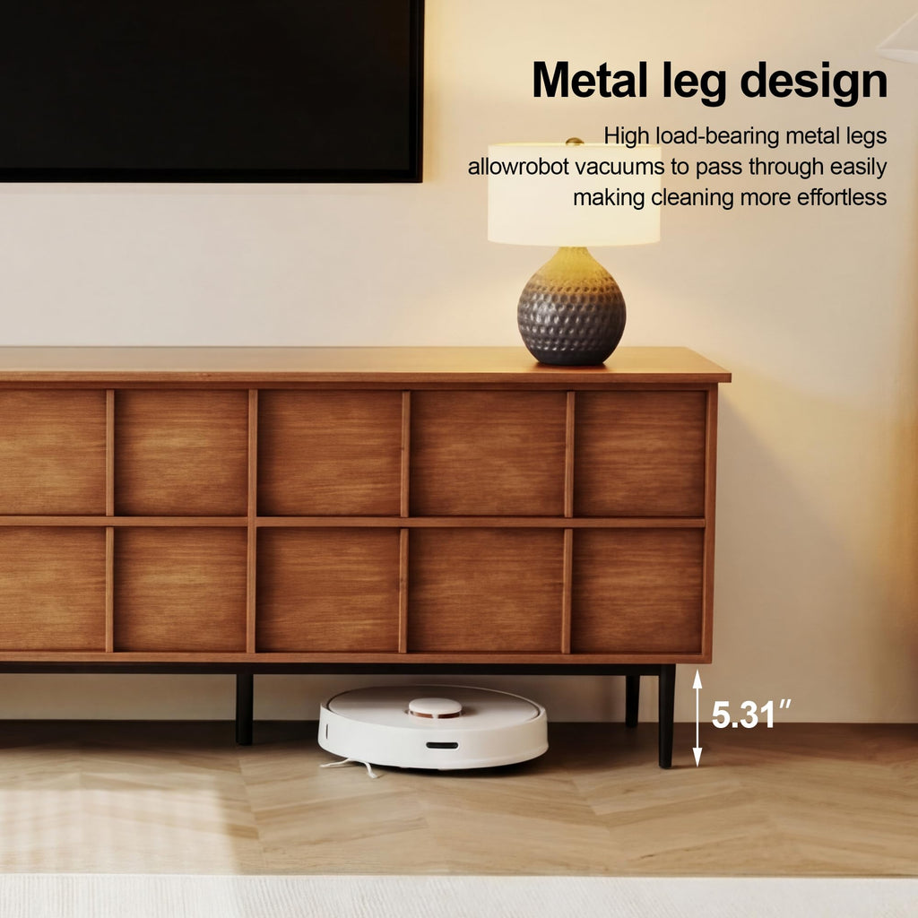 86 Inch Mid Century Modern TV Stand, Solid Wood Media Console with 6-Drawer Storage, Sideboard