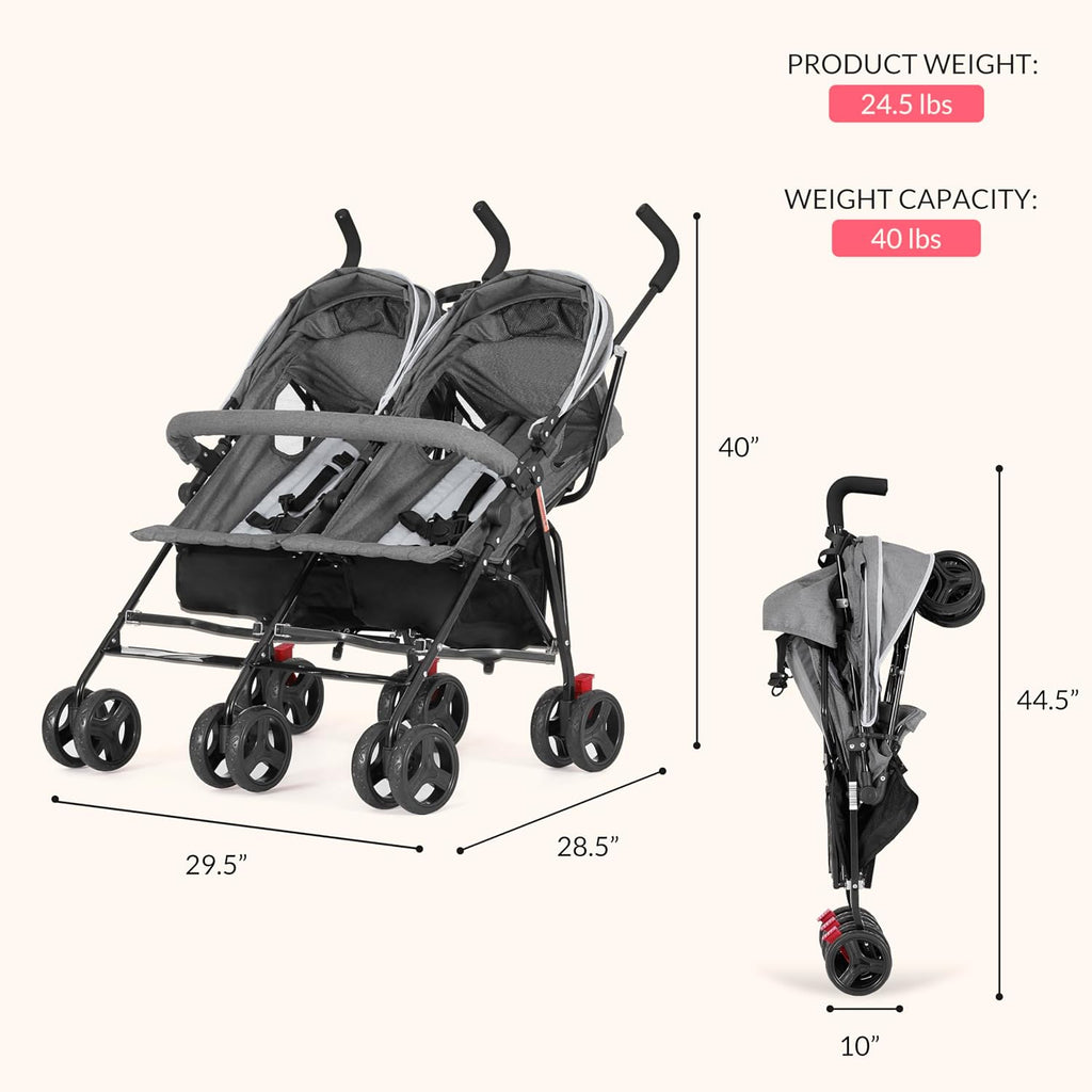 On Me Volgo Side-by-Side Twin Umbrella Toddler Stroller, Grey