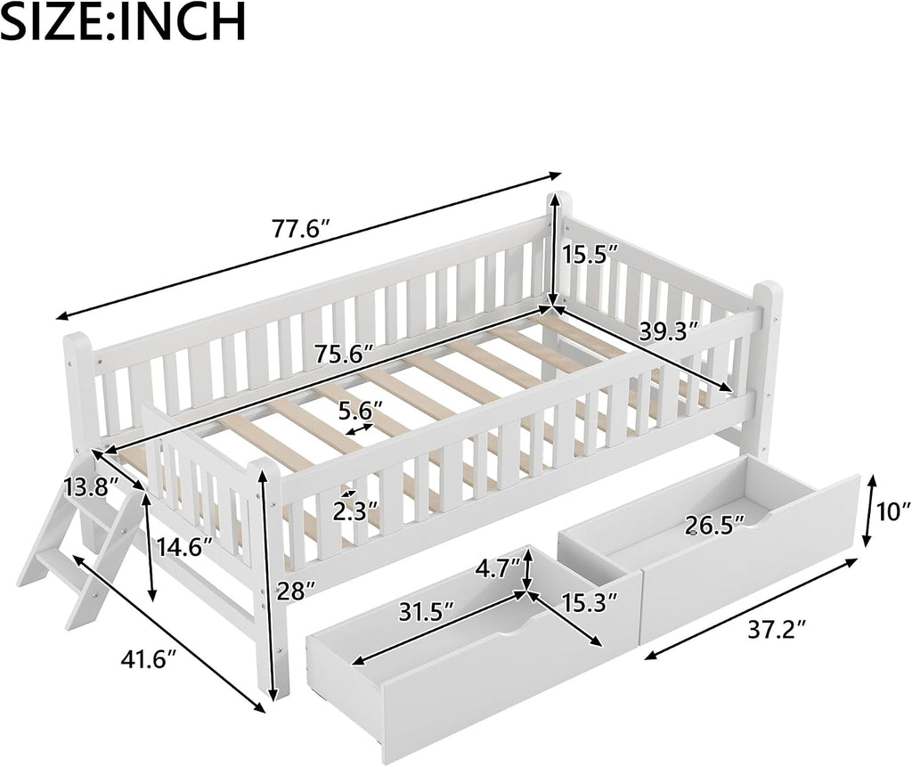 Kids Montessori Floor Bed with Storage Drawers, White