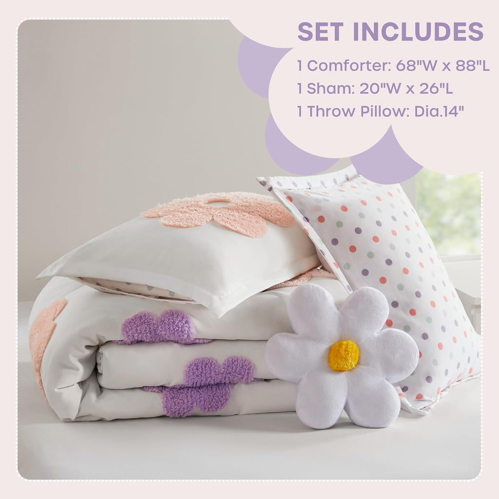 Kids Twin Comforter Set for Girls, Tufted Chenille Floral Comforter Set Twin, Lightweight Polka Dot Comforter