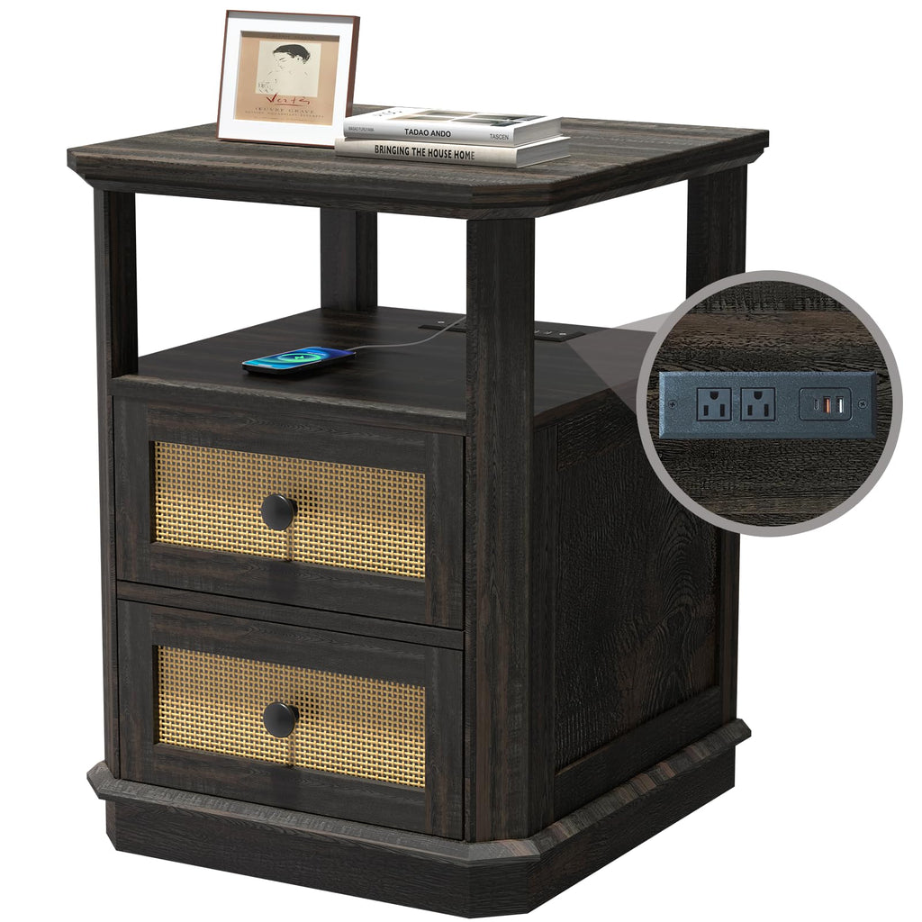 Set of 2 with Charging Station, 24" Tall Sofa Side Table with Rattan Drawer, Anti-Collision Angle Wooden Night Stand .