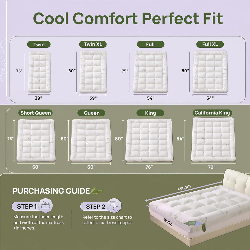 Queen Mattress Topper, 1200 GSM Viscose Derived from Bamboo Pillow-Top | Extra thick 1200 GSM, cooling bamboo viscose