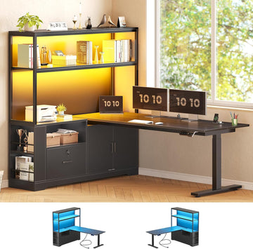 57" L Shaped Standing Desk, Sit Stand Office Desk with Storage Hutch | Black Reversible Stand Up Corner Gaming Desk