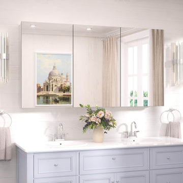 48x26 Recessed Medicine Cabinet with Mirror Aluminum, Silver Tempered Frameless Bathroom Mirror with Storage