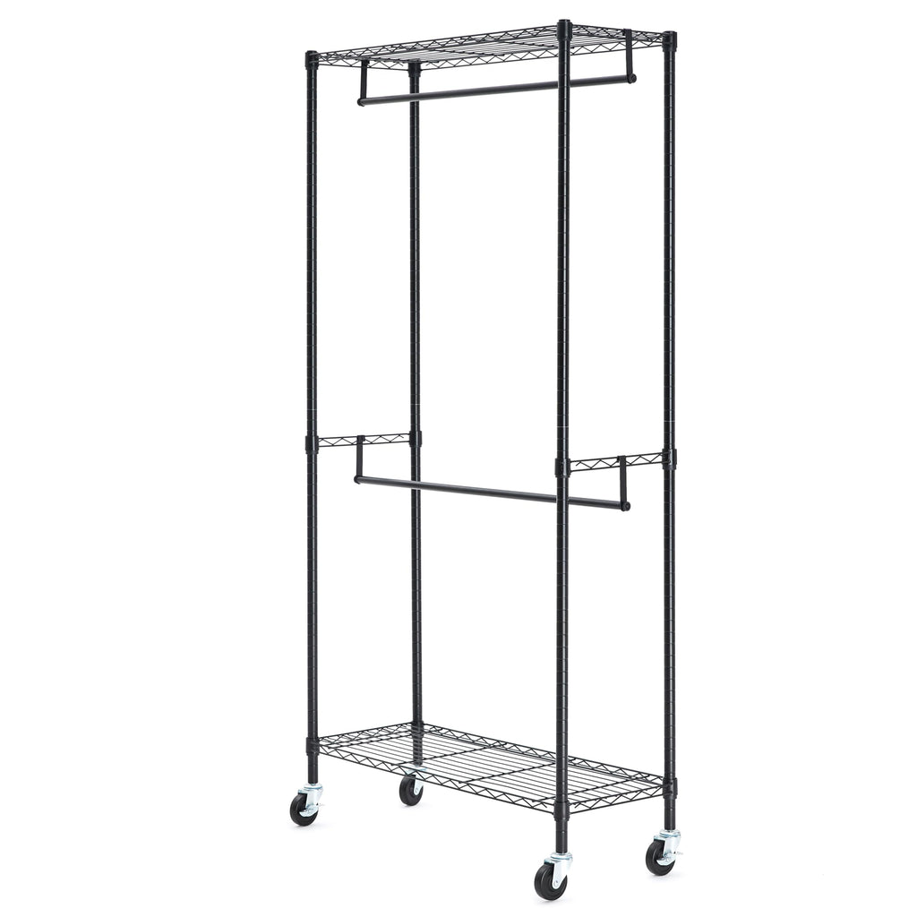 Adjustable Double Rod Rolling Garment Rack, Hanging Clothes Closet Organizer with Wheels, Heavy Duty, 36" x 14" x