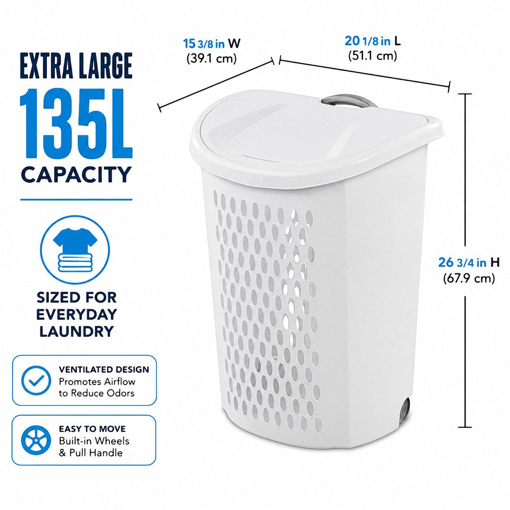 Rolling Laundry Hamper with Lid,White Wheeled Plastic Laundry Hamper