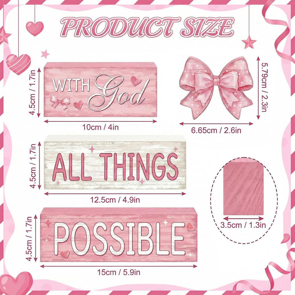 Tiered Tray Decor Set, , Wooden Table Sign, Pink Bow - Set of 4