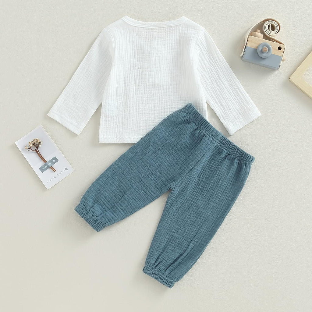 Toddler Boy Linen Outfit Baby Boy Fall Winter Clothes Set Button-Down Shirt Tops Cotton Linen Pants 2PCS